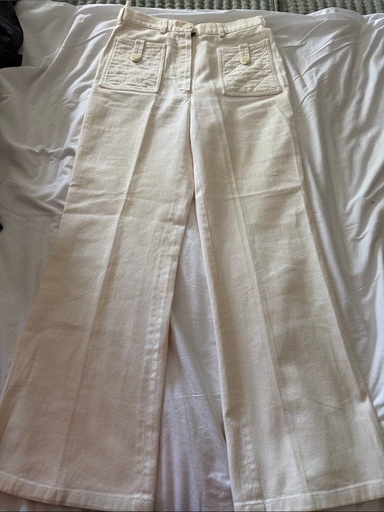 CHANEL Pants - CHANEL Wide Leg Cream Denim with Front Patch Pockets